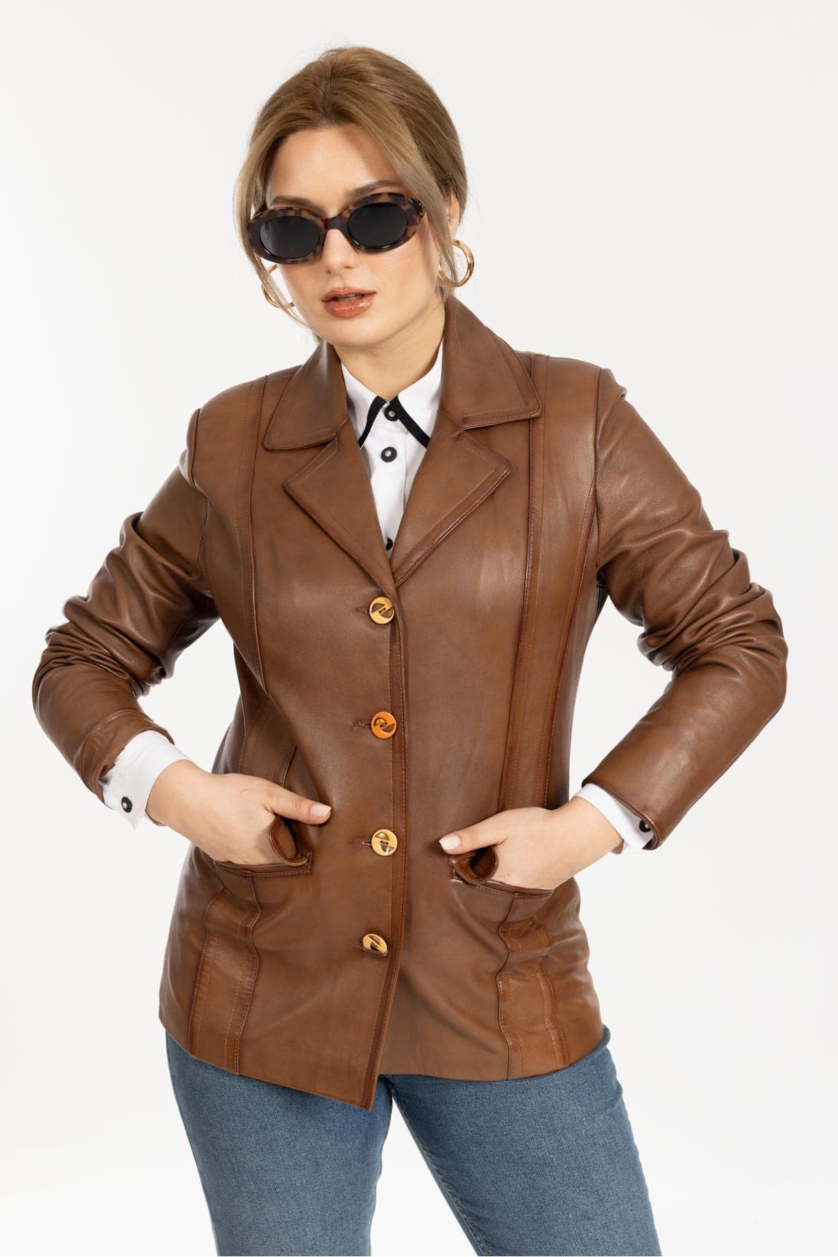 Viona Kadın Kahverengi Hakiki Deri Blazer Ceket