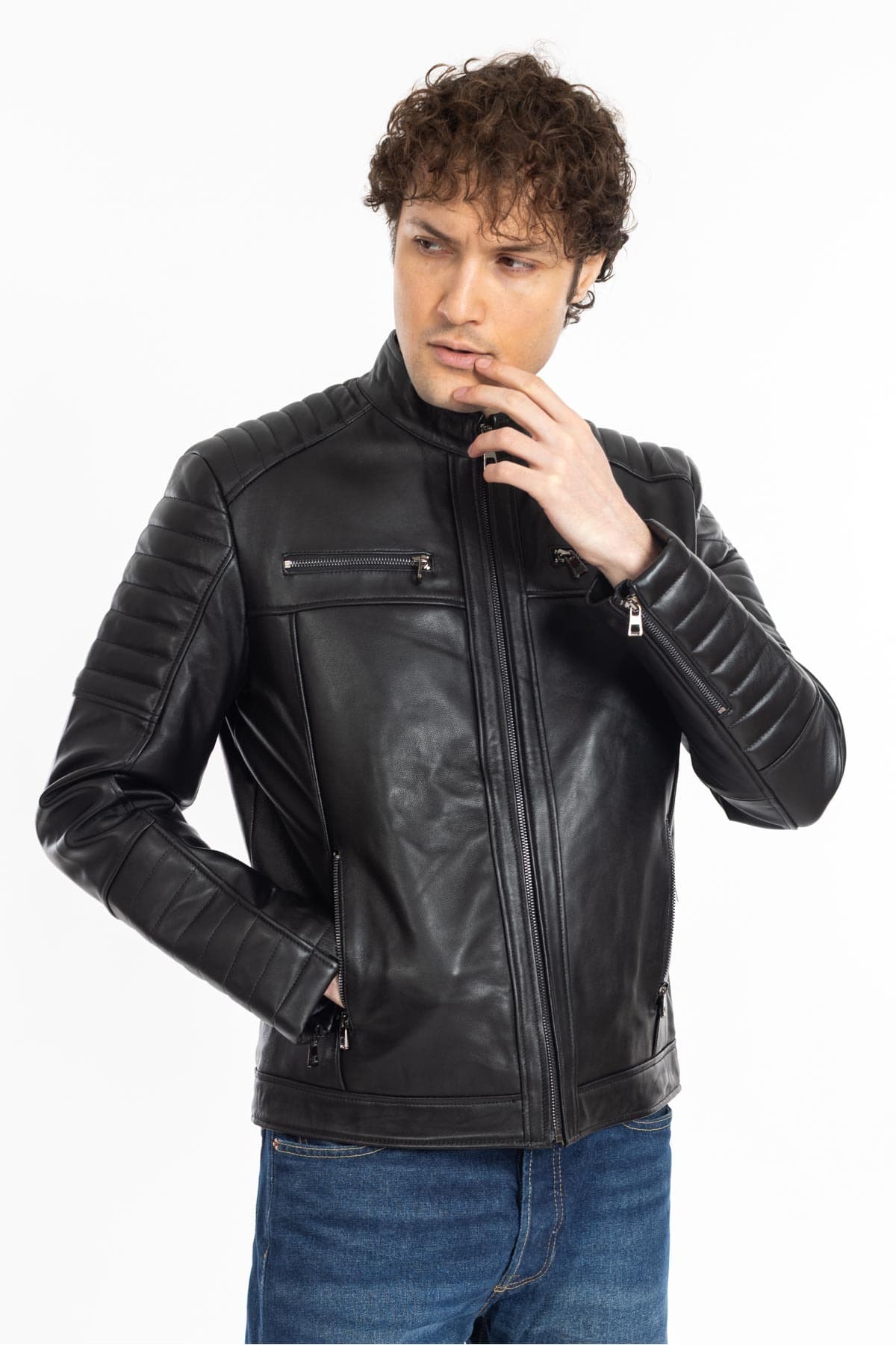 Conni Hakiki Deri Erkek Biker Ceket