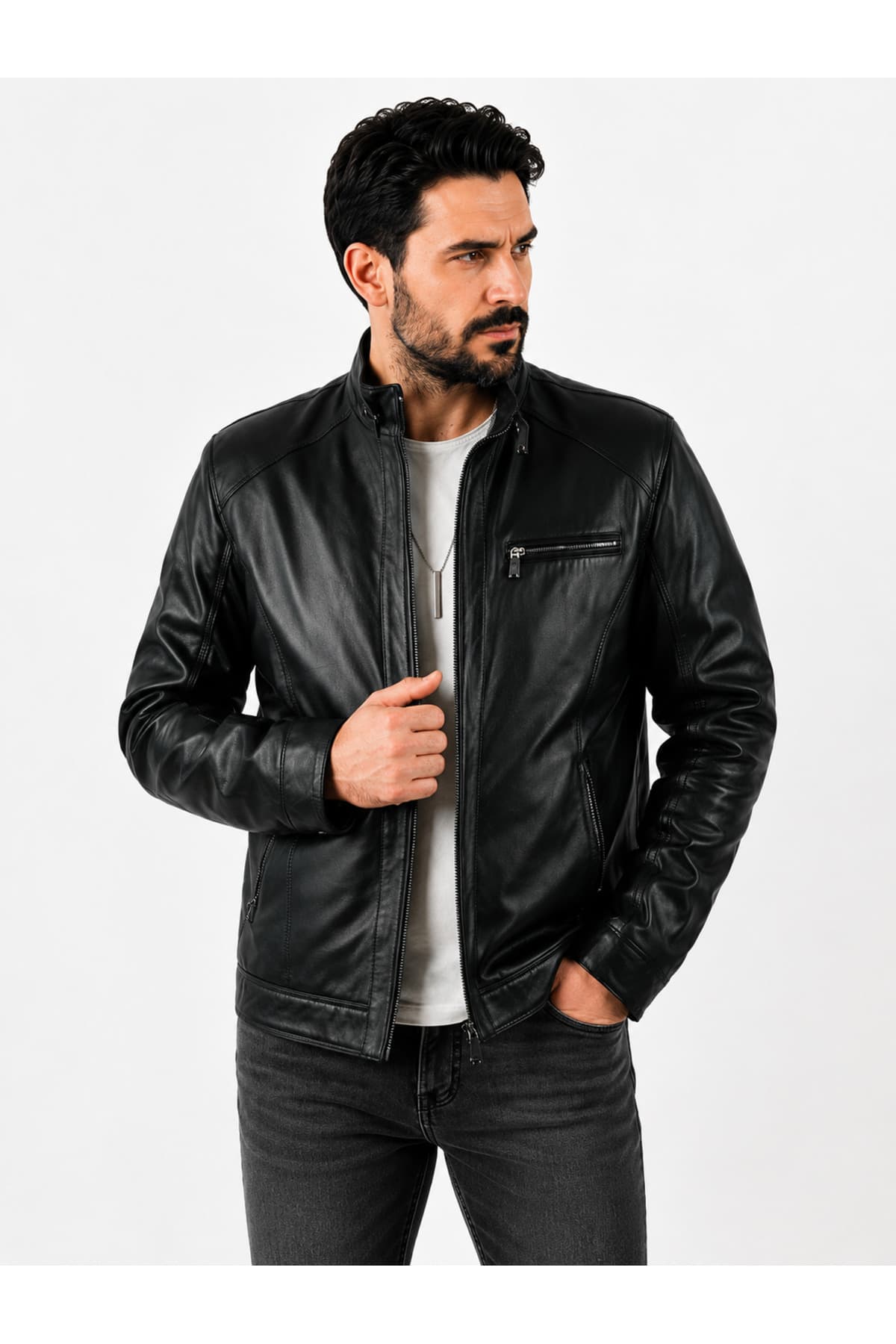 Erkek Siyah Deri Mont