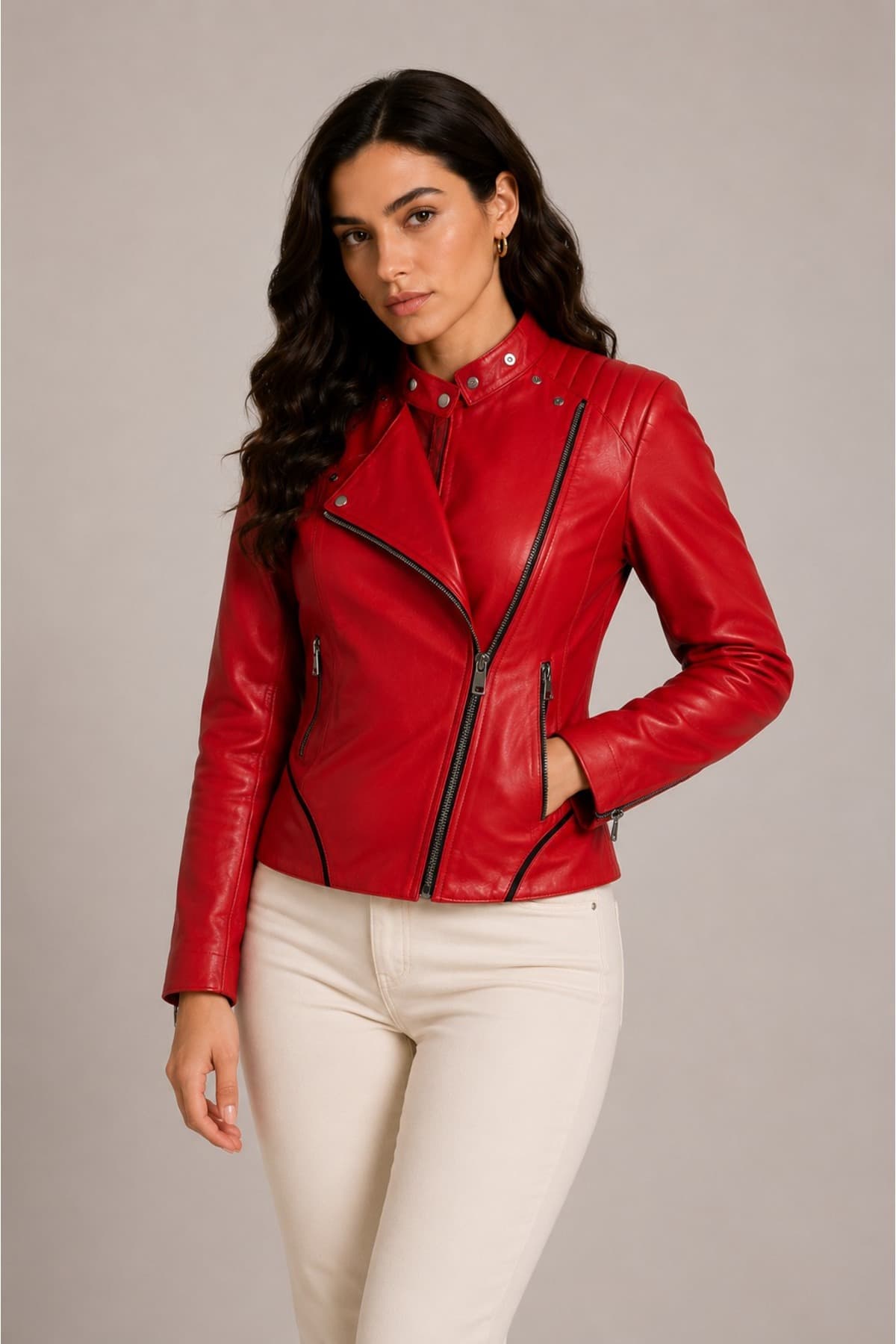 Stefenia Kadın Kırmızı Hakiki Deri Dik Yaka Asimetrik Fermuarlı Slim Fit Deri Ceket